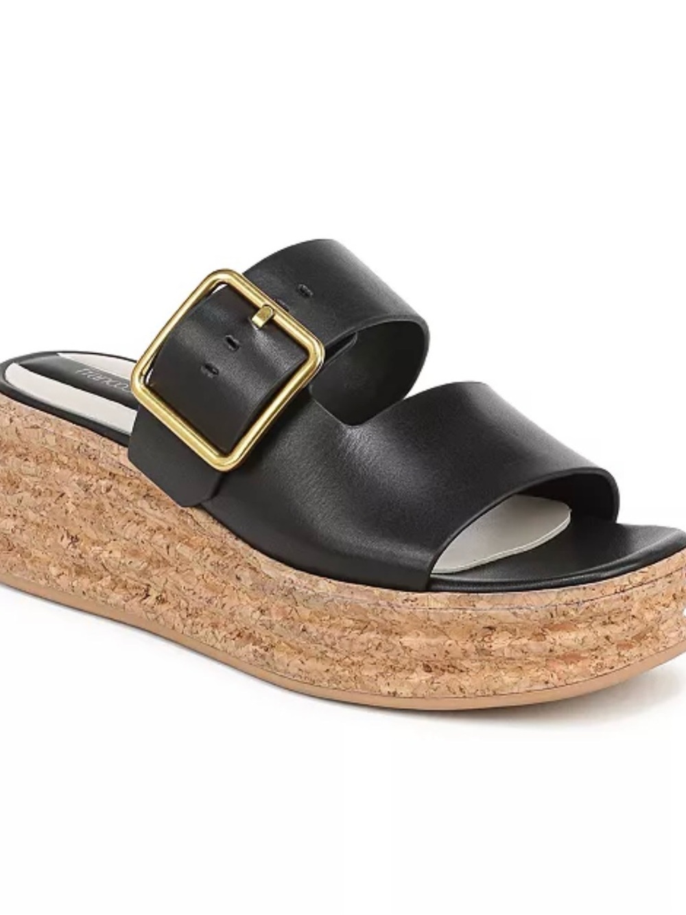 Franco Sarto Black Cork Wedge Slide with Gold Buckle